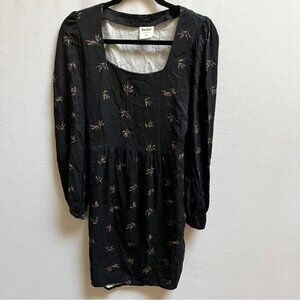 Rachel Mona Long Sleeve A Line Dress Black Leaf Print Tie Back Sz M
